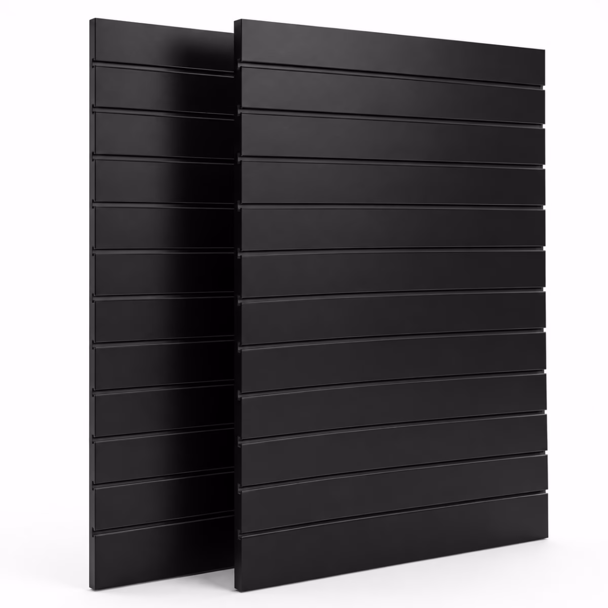 Schwarze Lamellenwand 122 x 122 cm mit Aluschienen – modularer Warenträger für die Verkaufsfläche