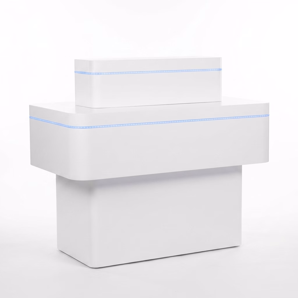 Mittelraumtisch Präsentationstisch T-Form mit RGB-LED (Weiß Matt)