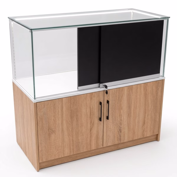 Premium Glasvitrine Holzoptik mit LED Verkaufsvitrine für Ladenbau