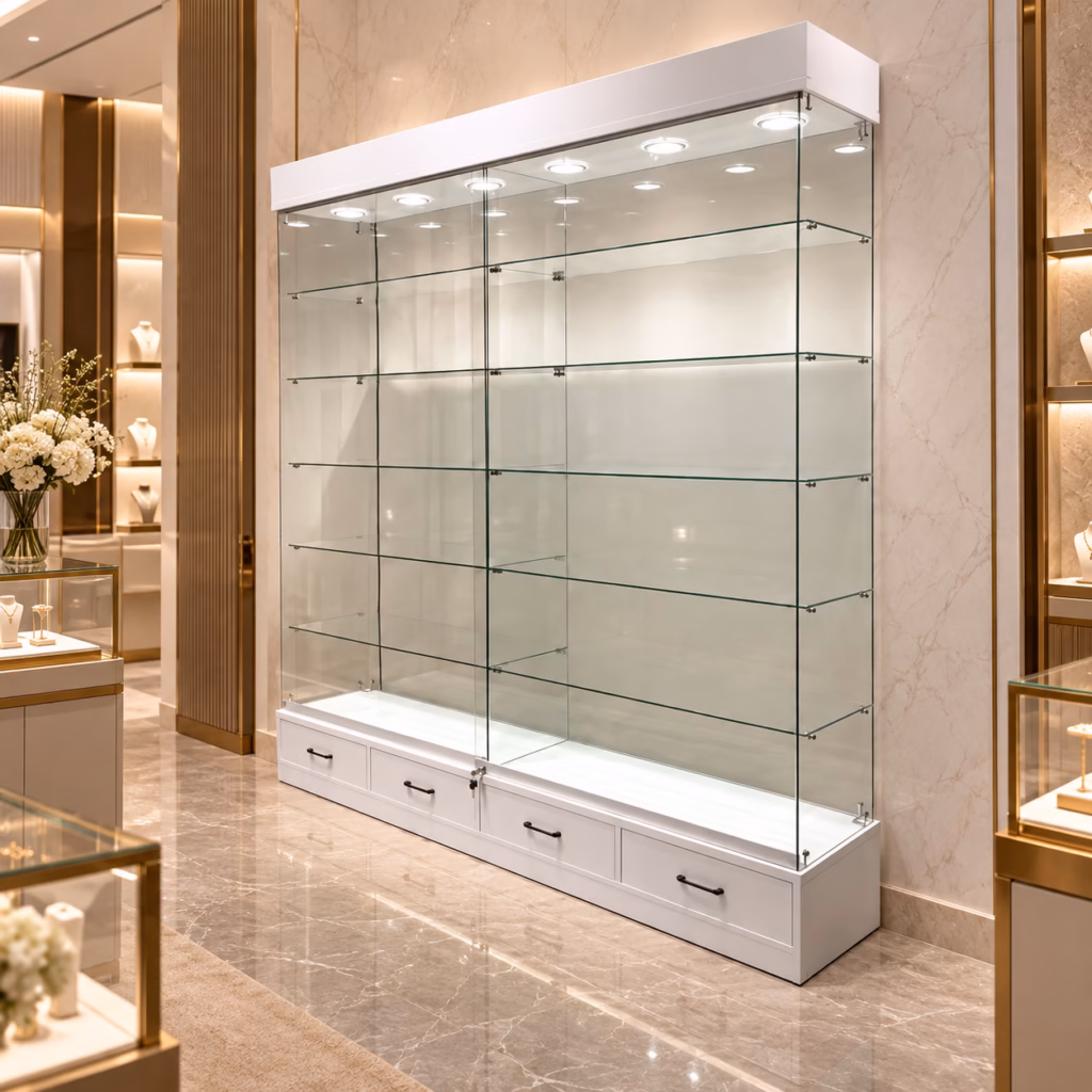 Glasvitrine mit Schubladen