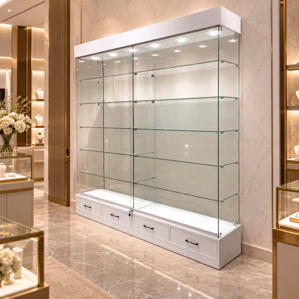 Glasvitrine mit Schubladen