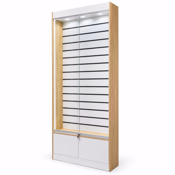 Lamellenvitrine mit abschließbaren Glasschiebetüren & LED – 240 x 103,6 cm