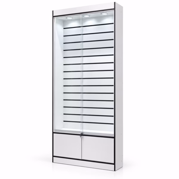 Lamellenvitrine mit abschließbaren Glasschiebetüren & LED – 240 x 103,6 cm