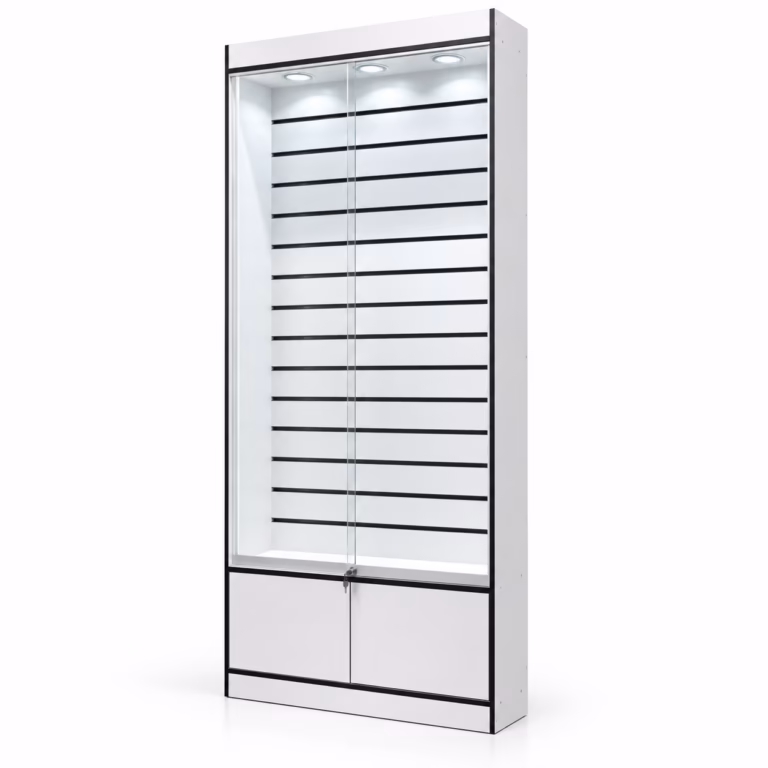 Lamellenvitrine mit abschließbaren Glasschiebetüren & LED – 240 x 103,6 cm