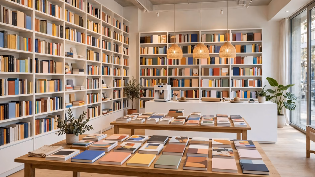 KI-Visualisierung: helle, moderne Buchhandlung mit hohen Wandregalen, Thementischen mit aufgestellten Büchern und einer Verkaufstheke – Beispiel-Darstellung, kein reales Kundenprojekt