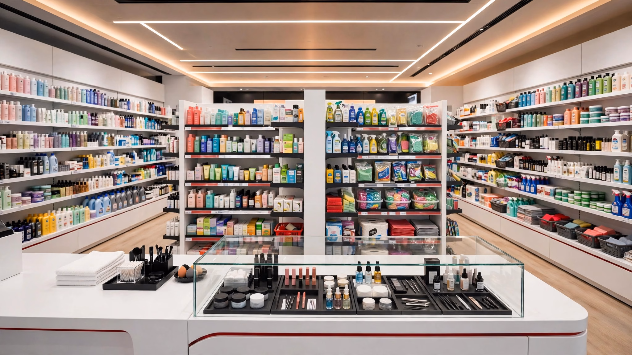 KI-Visualisierung: helle, moderne Drogerie mit Wandregalen, Mittelraumgondel und Glas-Thekenvitrine für Kosmetik – Beispiel-Darstellung, kein reales Kundenprojekt