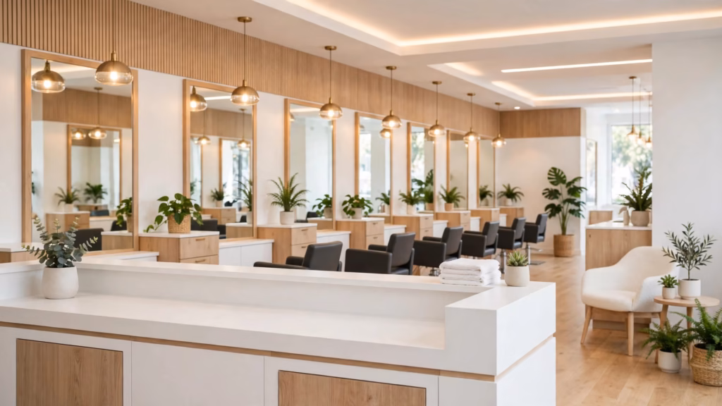 KI-Visualisierung eines hellen, modernen Friseursalons mit Empfangstheke, Spiegeln und Bedienplätzen