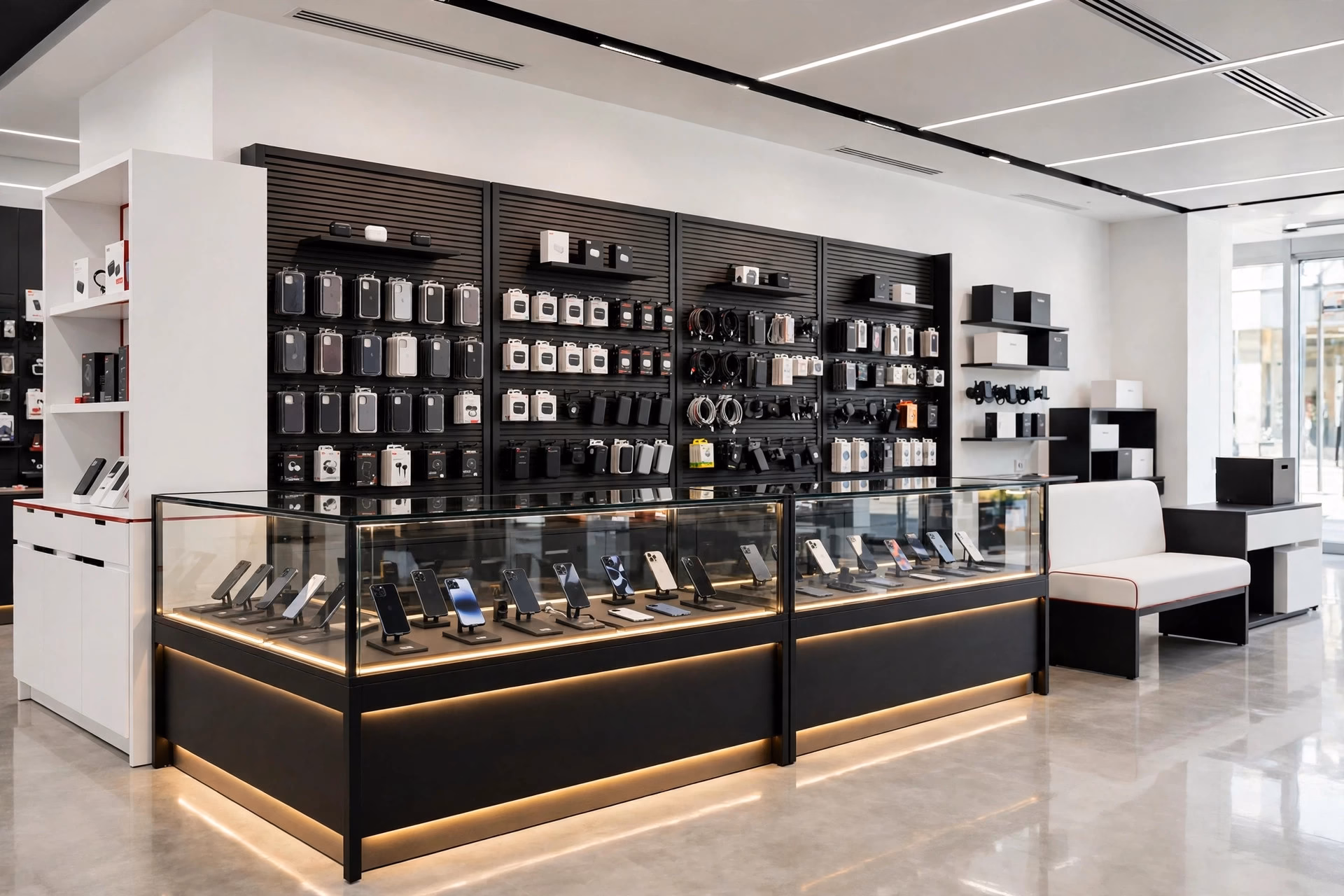 KI-Visualisierung: moderner Handyladen mit abschließbarer Glas-Thekenvitrine und LED-Beleuchtung