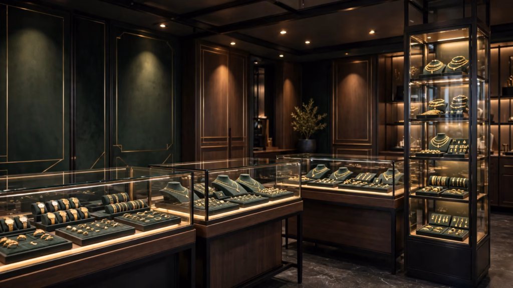 KI-Visualisierung: Elegantes Juweliergeschäft mit beleuchteten Glasvitrinen für Schmuck und Uhren – Beispiel-Darstellung, kein reales Kundenprojekt