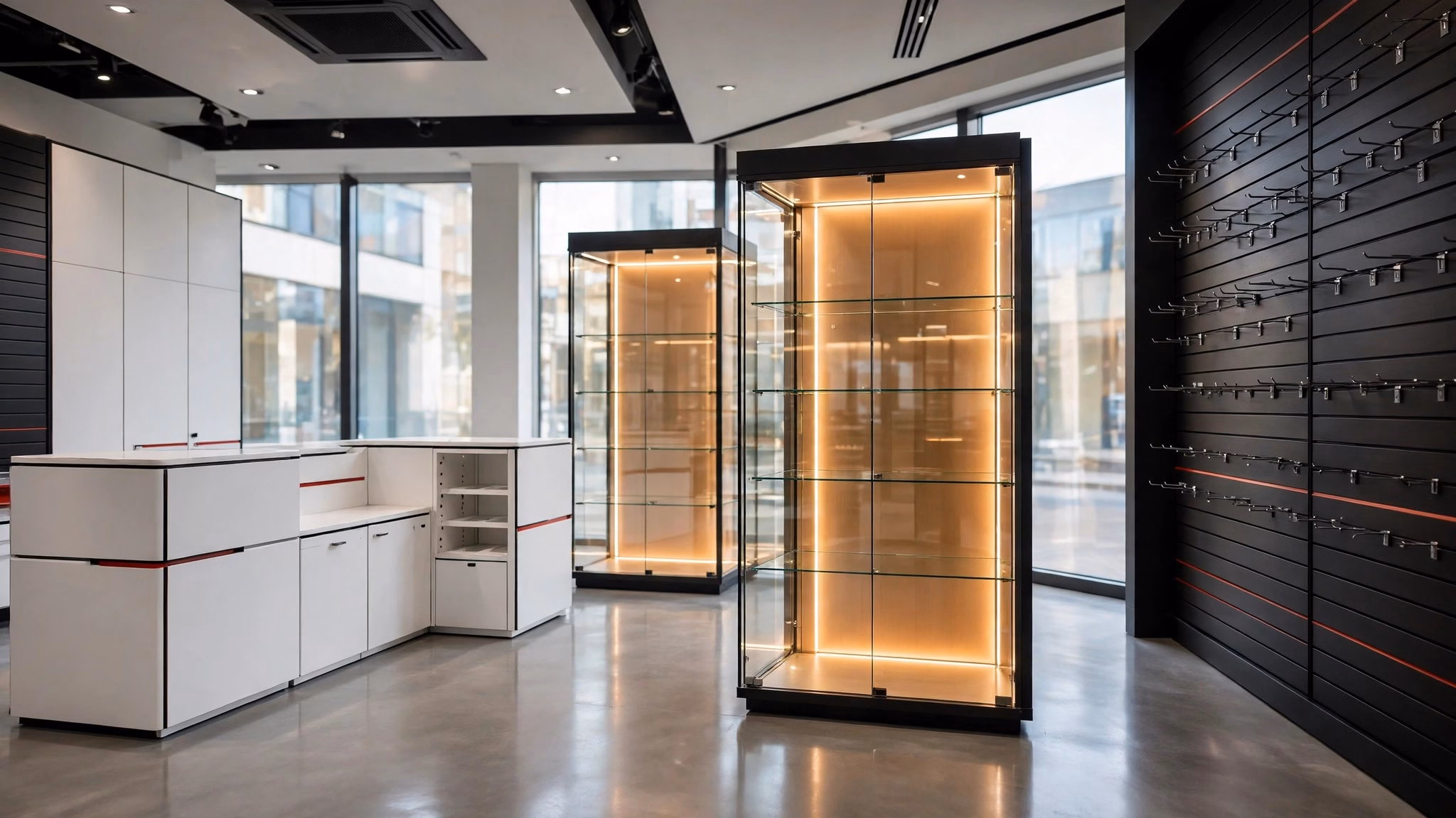 KI-Visualisierung: moderner Laden mit weißer Theke, LED-Glasvitrinen und Lamellenwänden