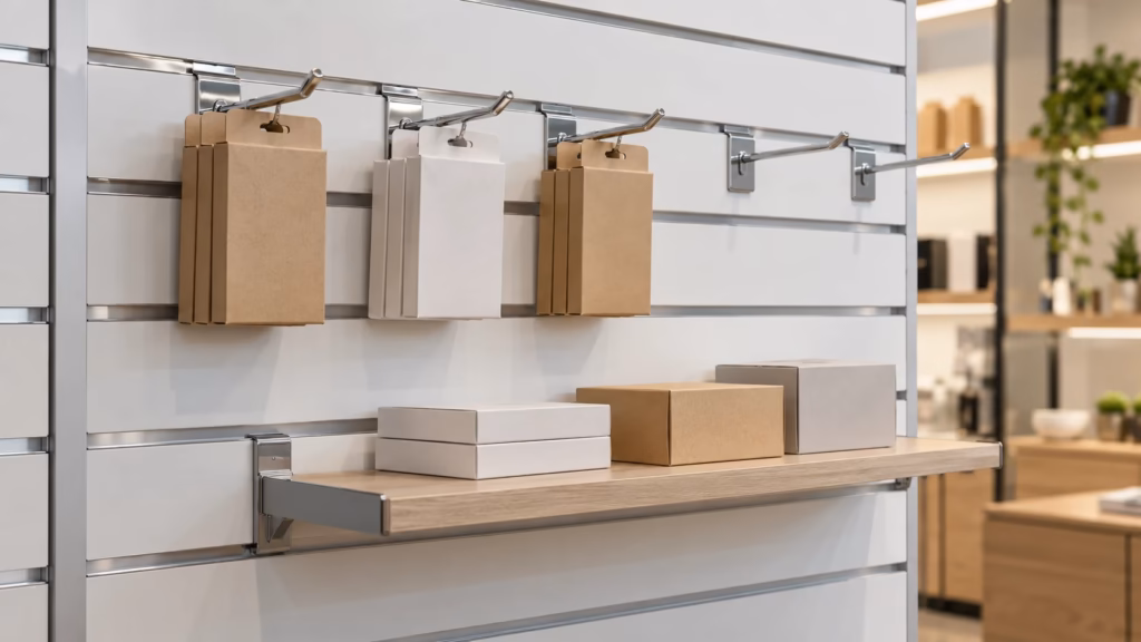KI-Visualisierung einer Zubehörwand mit geraden Metallhaken und übersichtlich angeordneten neutralen Verpackungen