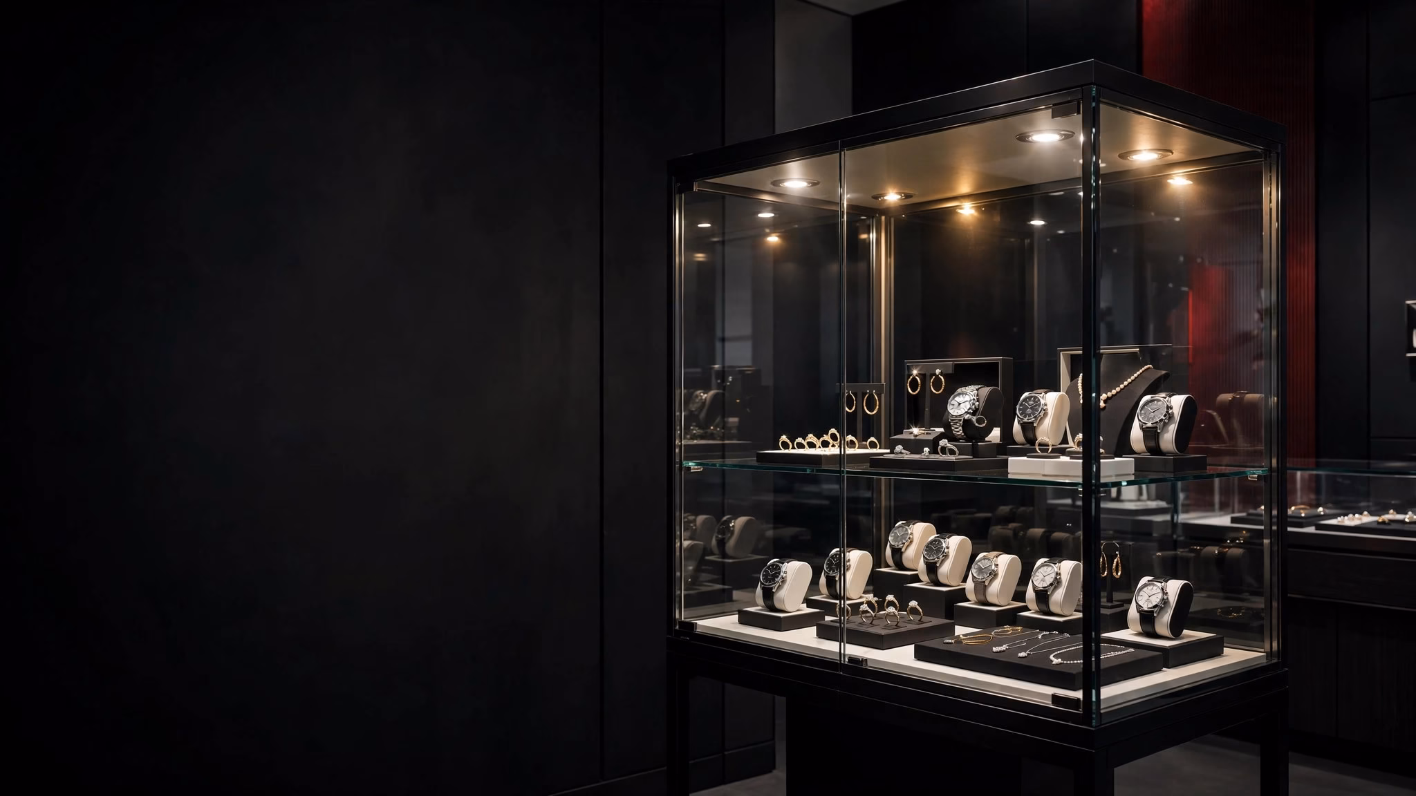 Visualisierung: beleuchtete LED-Glasvitrine mit Schmuck und Uhren im Fachgeschäft