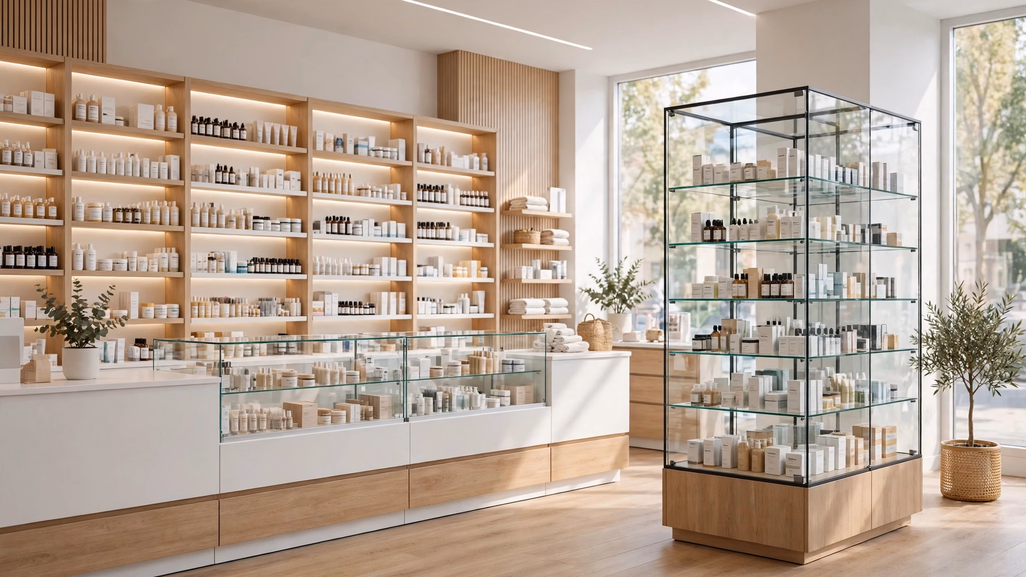 KI-Visualisierung: Helle moderne Apotheke mit Verkaufstheke, Glasvitrine und Wandregalen – Beispiel-Darstellung, kein reales Kundenprojekt