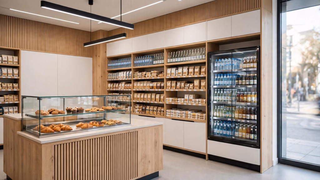 Modern eingerichteter Kiosk mit Verkaufstheke, Glasvitrine, Regalen und Getränkekühlung – Visualisierung