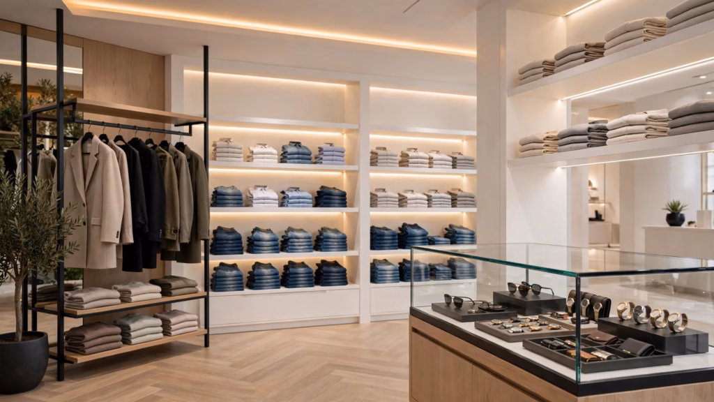 KI-Visualisierung: modern eingerichtetes Modegeschäft mit Kleiderstangen, Wandregalen und Vitrine