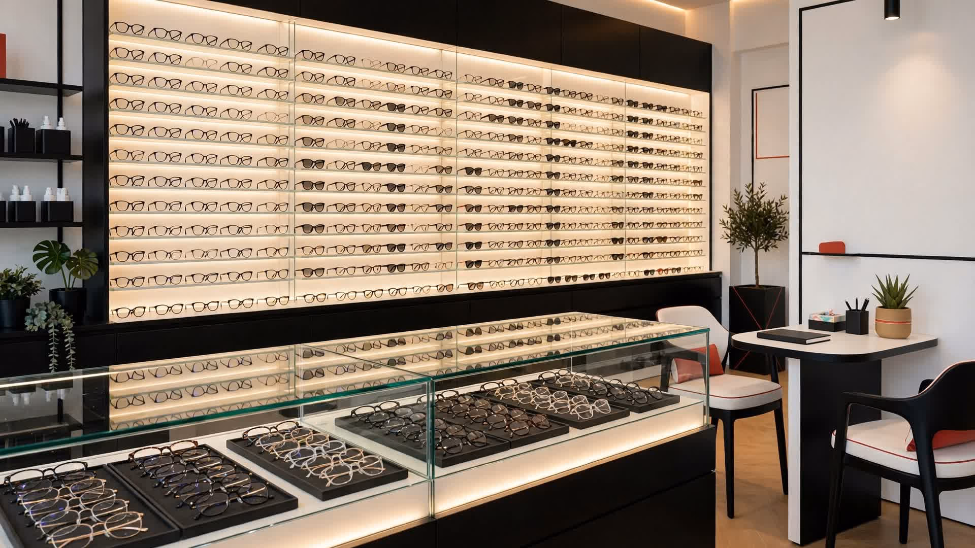 Moderne Optiker-Einrichtung mit beleuchteter Brillenwand und Glasvitrine – KI-Visualisierung